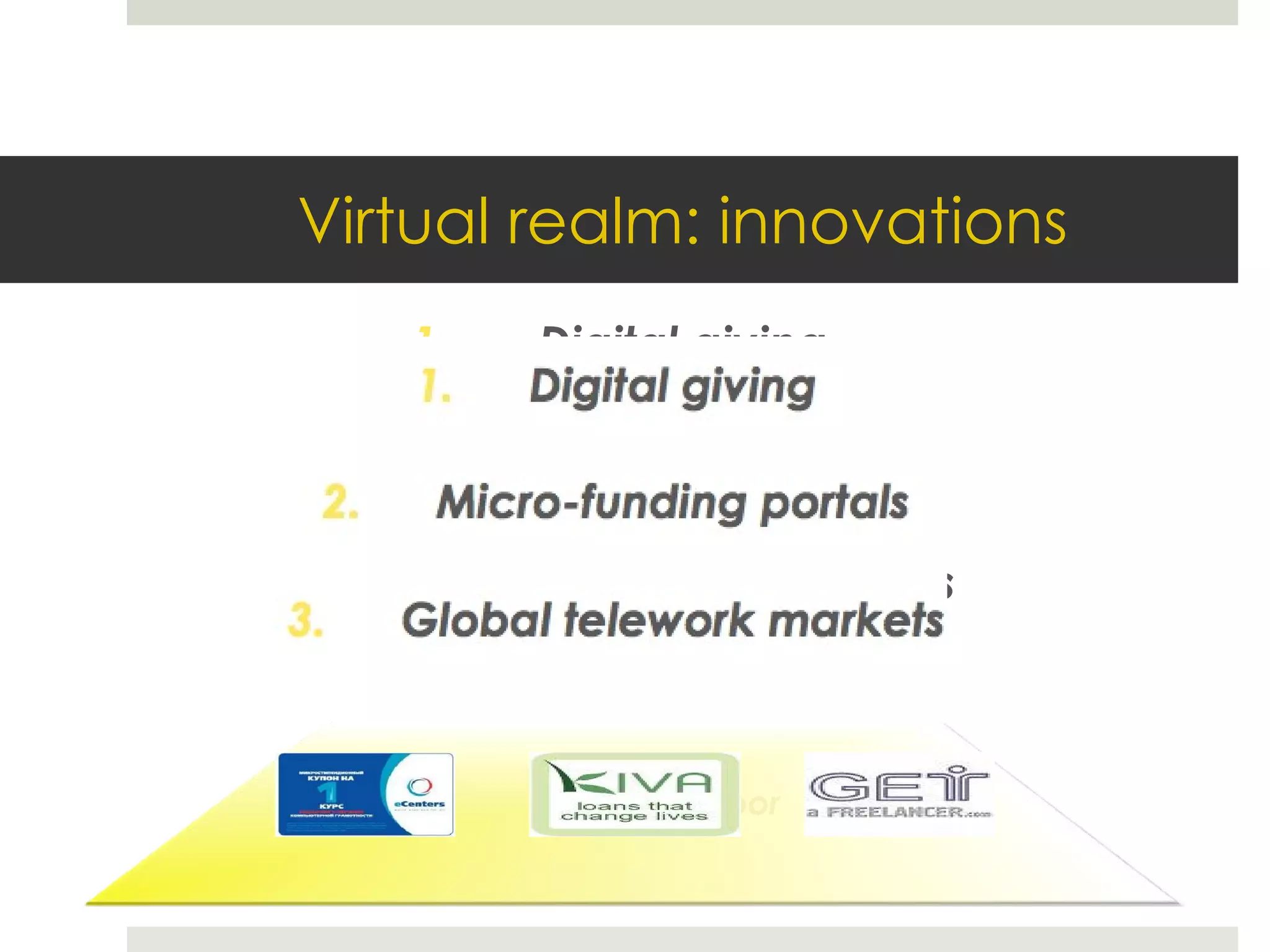 Digital giving Micro-funding portals Global telework markets Today, poor Virtual realm: innovations 