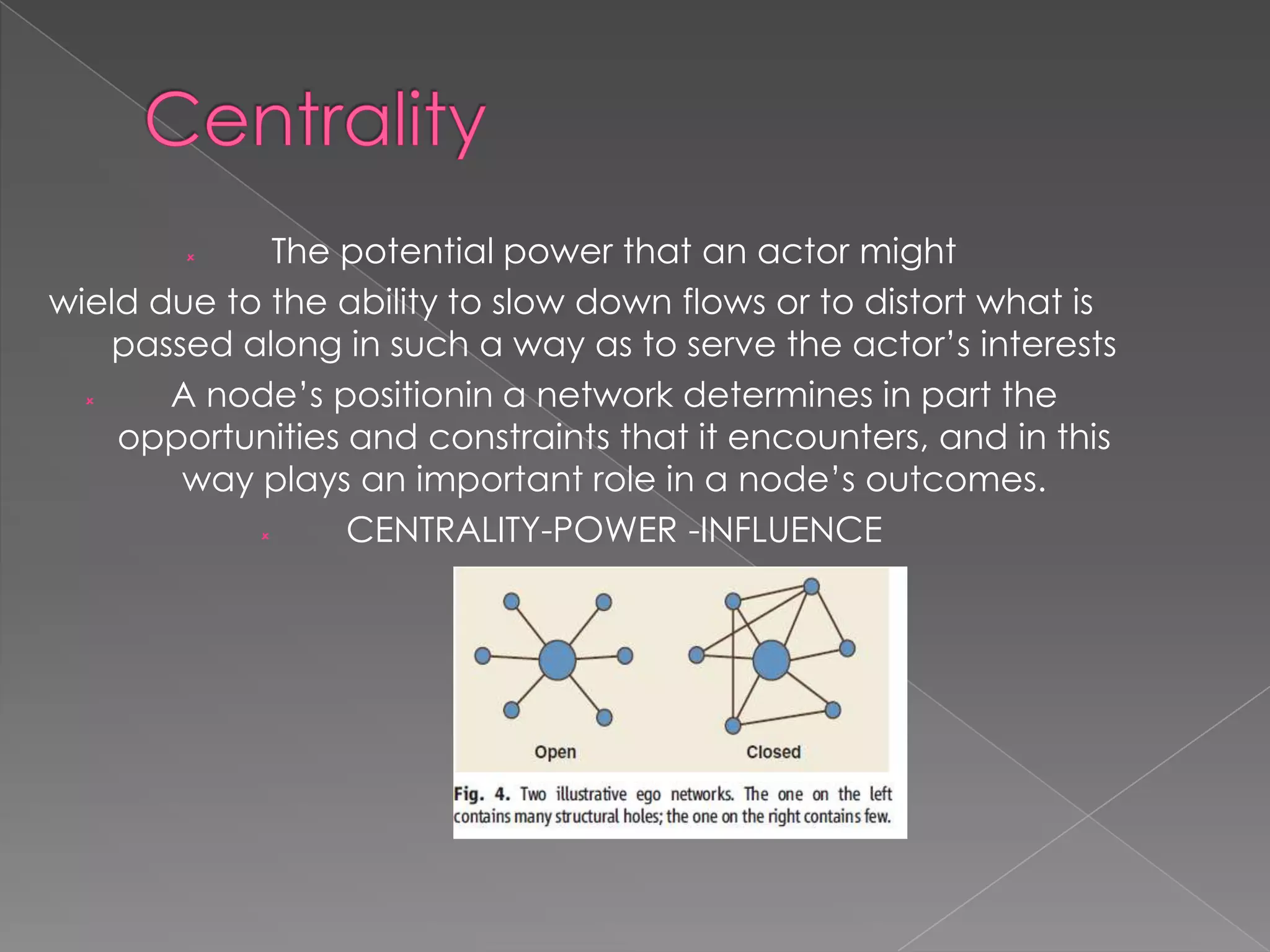The potential power that an actor might
wield due to the ability to slow down flows or to distort what is
passed along in such a way as to serve the actor‟s interests

A node‟s positionin a network determines in part the
opportunities and constraints that it encounters, and in this
way plays an important role in a node‟s outcomes.

CENTRALITY-POWER -INFLUENCE


 