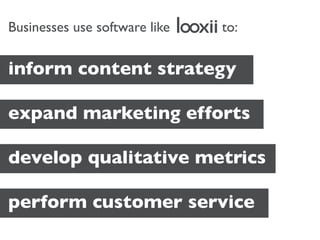Businesses use software like   to:


inform content strategy

expand marketing efforts

develop qualitative metrics

perform customer service
 