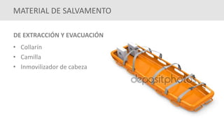 MATERIAL DE SALVAMENTO
DE EXTRACCIÓN Y EVACUACIÓN
• Collarín
• Camilla
• Inmovilizador de cabeza
 