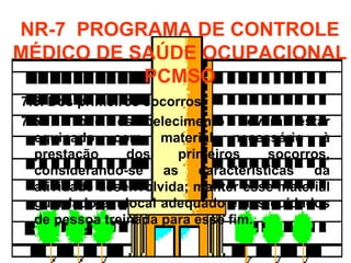 7.5. Dos primeiros socorros. 7.5.1. Todo estabelecimento deverá estar equipado com material necessário à prestação dos primeiros socorros, considerando-se as características da atividade desenvolvida; manter esse material guardado em local adequado e aos cuidados de pessoa treinada para esse fim. NR-7  PROGRAMA DE CONTROLE MÉDICO DE SAÚDE OCUPACIONAL PCMSO 