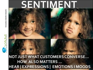 SENTIMENT



NOT JUST WHAT CUSTOMERS CONVERSE…
   HOW ALSO MATTERS …
HEAR | EXPRESSIONS | EMOTIONS I MOODS
 