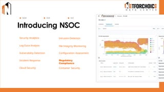 Introducing NSOC
Security Analytics Intrusion Detection
Log Data Analysis
SIEM XDR SOC
File Integrity Monitoring
Vulnerability Detection Configuration Assessment
Incident Response Regulatory Compliance
Regulatory
Compliance
Cloud Security Container Security
 