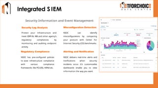 Integrated S IEM
Security Information and Event Management
Security Log Analysis
Protect your infrastructure and
meet CERT-IN, RBI and other agency’s
regulatory compliances by
monitoring and auditing endpoint
activity.
Regulatory Compliance
NSOC has pre-configured policies
to ease infrastructure compliance
with various compliance
frameworks like PCI-DSS, HIPAA etc.
Alerting and Notification
NSOC delivers real-time alerts and
notifications when security
incidents occur. It’s customizable
dashboards enable you to view
information the way you want.
Misconfiguration Detection
NSOC can identify
misconfigurations by comparing
your posture with Center for
Internet Security (CIS) benchmarks.
 