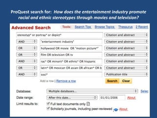 ProQuest search for:  How does the entertainment industry promote racial and ethnic stereotypes through movies and television? 