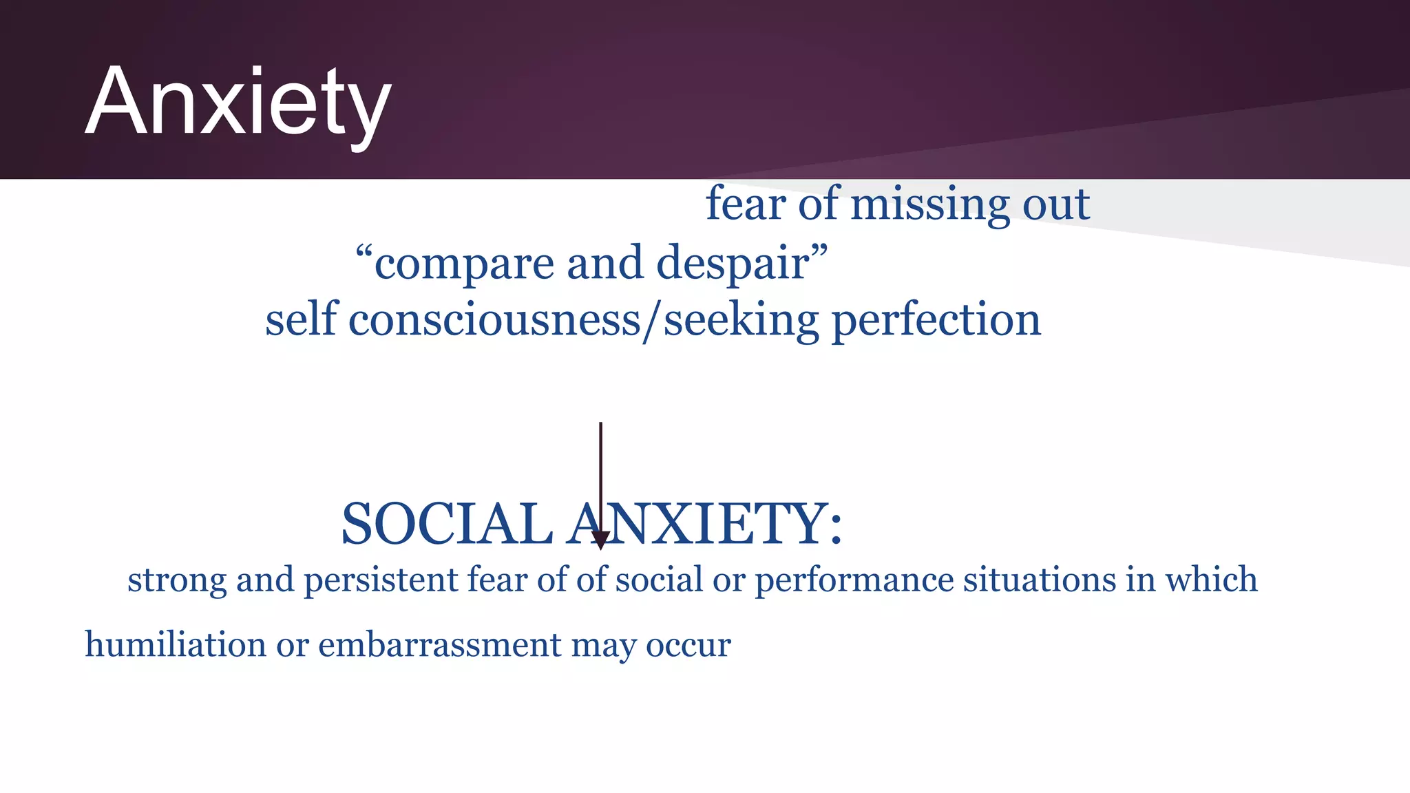 Anxiety
fear of missing out
“compare and despair”
self consciousness/seeking perfection
SOCIAL ANXIETY:
strong and persistent fear of of social or performance situations in which
humiliation or embarrassment may occur
 