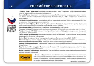 7 РОССИЙСКИЕ ЭКСПЕРТЫ
Семёнова Лариса Борисовна, начальник отдела политики в сфере социальной защиты населения Мини-
стерство здравоохранения и социального развития
Чернышёв Тимур Маратович, руководитель пресс-службы Министерства природных ресурсов и эколо-
гии России, Начальник отдела взаимодействия с общественностью, СМИ и координации выставочной
деятельности
Гонтмахер Евгений Шлемович, руководитель Центра социальной политики Института экономики РАН, чле-
на правления Института современного развития
Константиновский Давид Львович, Институт социологии Российской академии наук, доктор социальных
наук, руководитель Центра социологии образования, науки и культуры
Лыкина Анастасия, Координатор по социальной рекламе и видео WWF России
Першеева Татьяна, Менеджер маркетингу и коммуникациям FSC (Лесной попечительский совет) в России
Погодина Римма, НИУ ВШЭ, Факультет прикладной политологии, Кафедра интегрированных коммуника-
ций, старший преподаватель
Ежова Любовь Вениаминовна, научный сотрудник Центра независимых социологических исследований,
директор ООО «Агентство «Экспертиза»
Благов Юрий Евгеньевич, Центр корпоративной социальной ответственности, ВШМ СПбГУ
Олимпиева Ирина, научный сотрудник, координатор направления «Социальные исследования экономики»
Константинов Геннадий Николаевич, Директор Центра корпоративного управления
Ушакова Наталия Вадимовна*, руководитель Комитета по социальному развитию и трудовым отношениям,
Опора России
Федотов Михаил Александрович*, советник при Президенте РФ по содействию развитию институтов граж-
данского общества и правам человека
Жуков Александр Дмитриевич*, координатор, Российская трехсторонняя комиссия по регулированию со-
циально-трудовых отношений
Ромир — лидер российского исследовательского рынка, крупнейшая независимая част-
ная исследовательская компания России. Холдинг является единственным крупным рос-
сийским исследователем, который не аффилирован ни с зарубежными исследовательски-
ми сетями, ни с государственными структурами.
* В процессе согласования