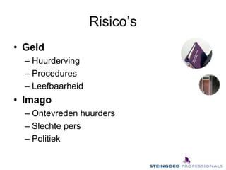 Risico’sGeldHuurdervingProceduresLeefbaarheidImagoOntevreden huurdersSlechte persPolitiek 