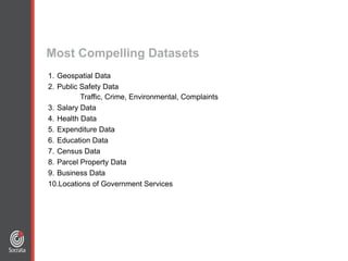 1. Geospatial Data
2. Public Safety Data
Traffic, Crime, Environmental, Complaints
3. Salary Data
4. Health Data
5. Expenditure Data
6. Education Data
7. Census Data
8. Parcel Property Data
9. Business Data
10.Locations of Government Services
Most Compelling Datasets
 