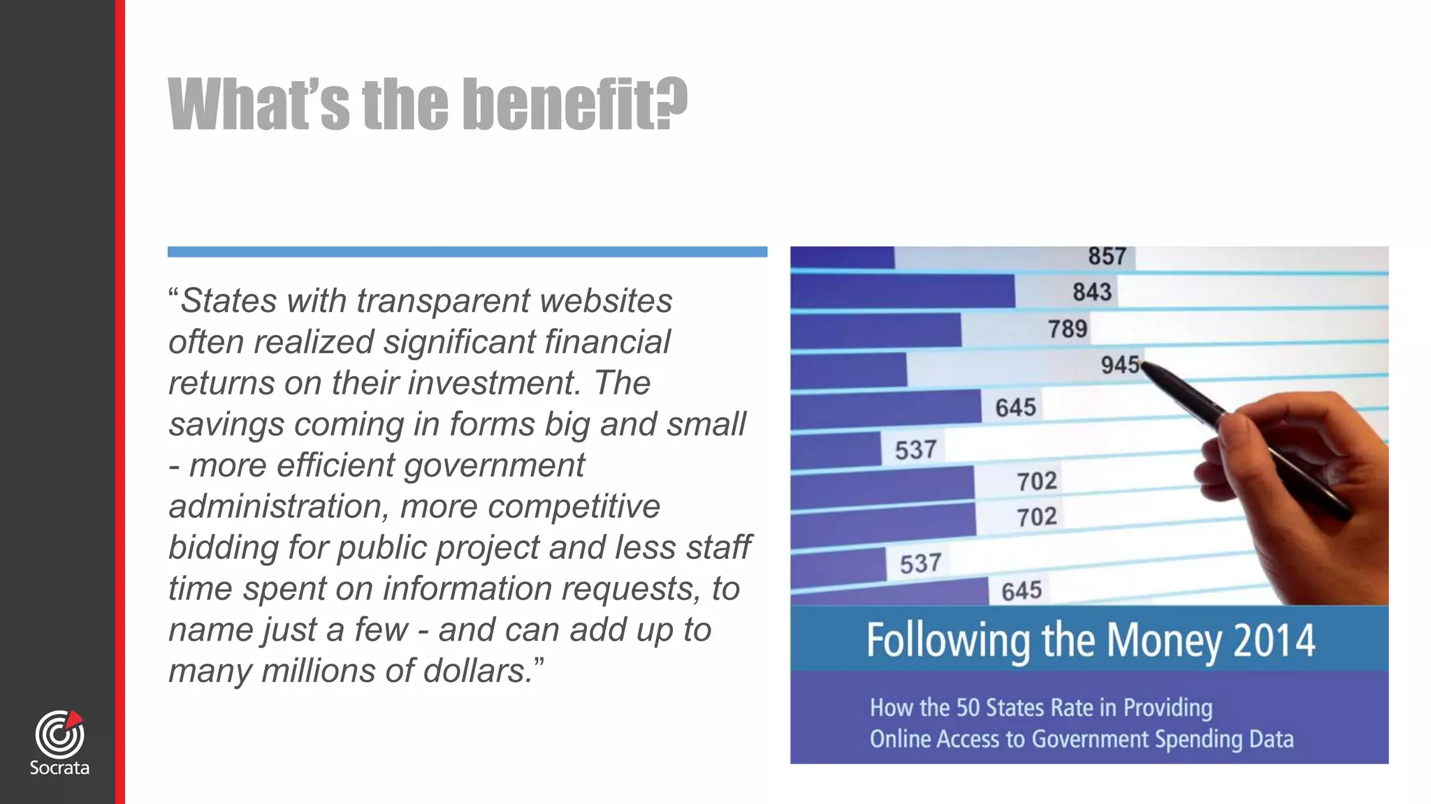 What’s the benefit?
“States with transparent websites
often realized significant financial
returns on their investment. The
savings coming in forms big and small
- more efficient government
administration, more competitive
bidding for public project and less staff
time spent on information requests, to
name just a few - and can add up to
many millions of dollars.”
 
