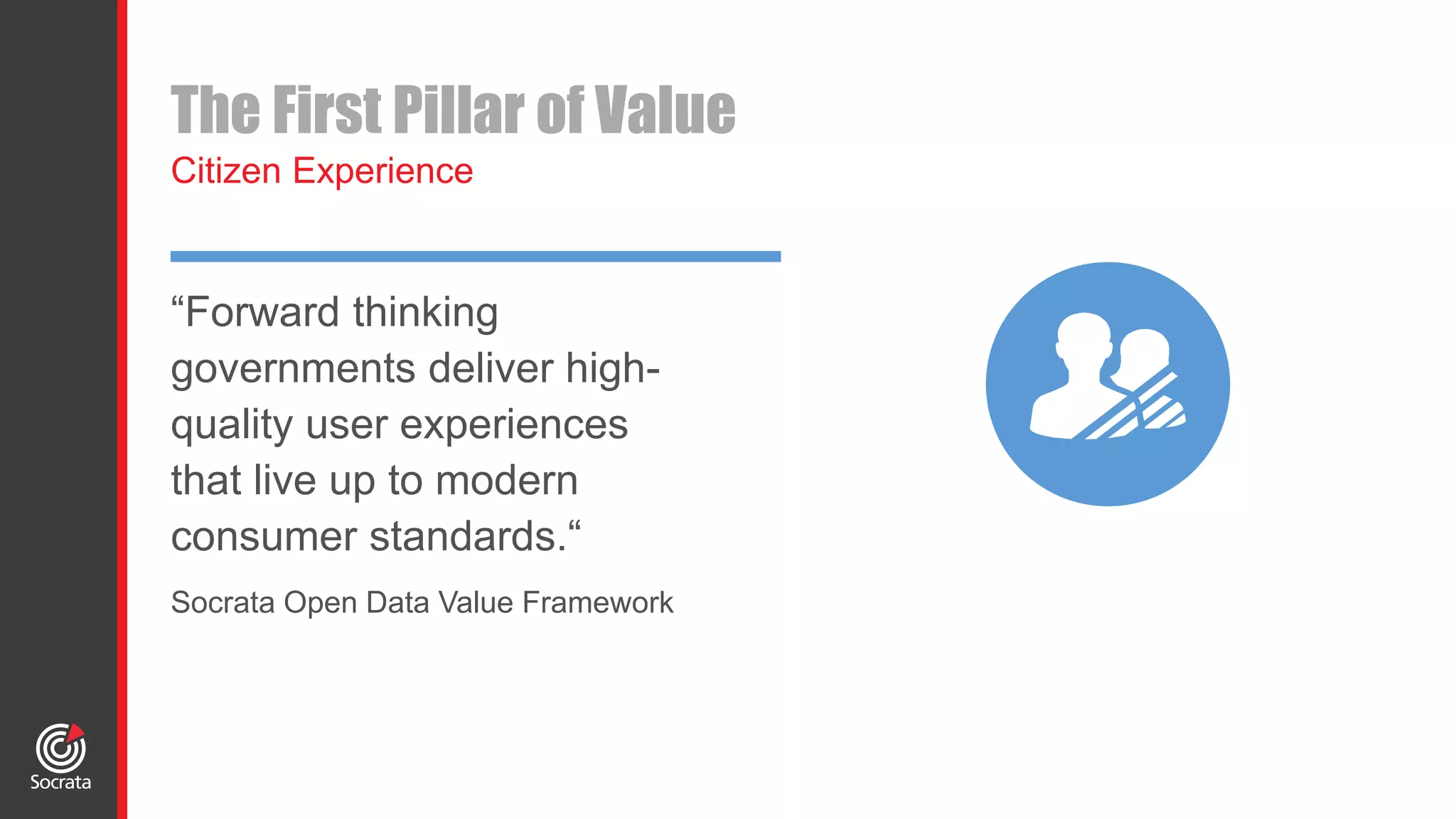 The First Pillar of Value
Citizen Experience
“Forward thinking
governments deliver high-
quality user experiences
that live up to modern
consumer standards.“
Socrata Open Data Value Framework
 