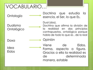 VOCABULARIO…
             Doctrina que estudia la
Ontología    esencia, el Ser, lo que Es.
             Dual (dos).
Dualismo     Doctrina que afirma la división de
Ontológico   la realidad en dos principios
             contrapuestos, ontológica porque
             habla de todo lo que es , de lo real

Doxa         Opinión
             Viene        de         Eidos.
Idea         Forma, aspecto o figura.
Eidos        Gracias a ella la realidad es
             de              determinada
             manera, estable
 