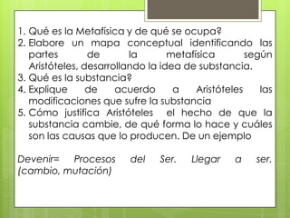 1. Qué es la Metafísica y de qué se ocupa?
2. Elabore un mapa conceptual identificando las
   partes        de       la       metafísica        según
   Aristóteles, desarrollando la idea de substancia.
3. Qué es la substancia?
4. Explique      de    acuerdo      a    Aristóteles    las
   modificaciones que sufre la substancia
5. Cómo justifica Aristóteles el hecho de que la
   substancia cambie, de qué forma lo hace y cuáles
   son las causas que lo producen. De un ejemplo

Devenir=  Procesos        del   Ser.    Llegar    a    ser.
(cambio, mutación)
 