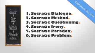 1. Socratic
2. Socratic
3. Socratic
4. Socratic
5. Socratic
6. Socratic

Dialogue.
Method.
Questioning.
Irony.
Paradox.
Problem.

 
