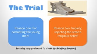 The Trial
Reason one: For
Reason one: For
corrupting the young
corrupting the young
men!
men!

Reason two: Impiety;
Reason two: Impiety;
rejecting the state’s
rejecting the state’s
religious belief!
religious belief!

Socrates was sentenced to death by drinking hemlock

 