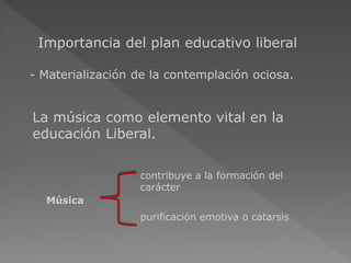 Importancia del plan educativo liberal
- Materialización de la contemplación ociosa.
La música como elemento vital en la
educación Liberal.
contribuye a la formación del
carácter
Música
purificación emotiva o catarsis
 