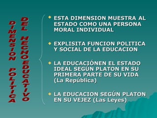 ESTA DIMENSION MUESTRA   AL ESTADO COMO UNA PERSONA MORAL INDIVIDUAL EXPLISITA FUNCION POLITICA Y SOCIAL DE LA EDUCACION LA EDUCACIÓNEN EL ESTADO IDEAL SEGÚN PLATON EN SU PRIMERA PARTE DE SU VIDA (La República) LA EDUCACION SEGÚN PLATON EN SU VEJEZ (Las Leyes)  DIMENSION POLITICA  DEL HECHO  EDUCATIVO 