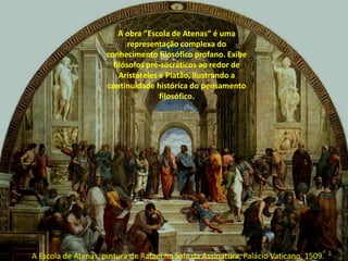 A obra "Escola de Atenas” é uma
representação complexa do
conhecimento filosófico profano. Exibe
filósofos pré-socráticos ao redor de
Aristóteles e Platão, ilustrando a
continuidade histórica do pensamento
filosófico.

A Escola de Atenas, pintura de Rafael na Sala da Assinatura, Palácio Vaticano, 1509.

 