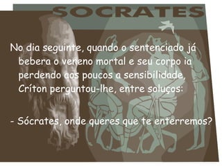 No dia seguinte, quando o sentenciado já
bebera o veneno mortal e seu corpo ia
perdendo aos poucos a sensibilidade,
Críton perguntou-lhe, entre soluços:
 
- Sócrates, onde queres que te enterremos?
 