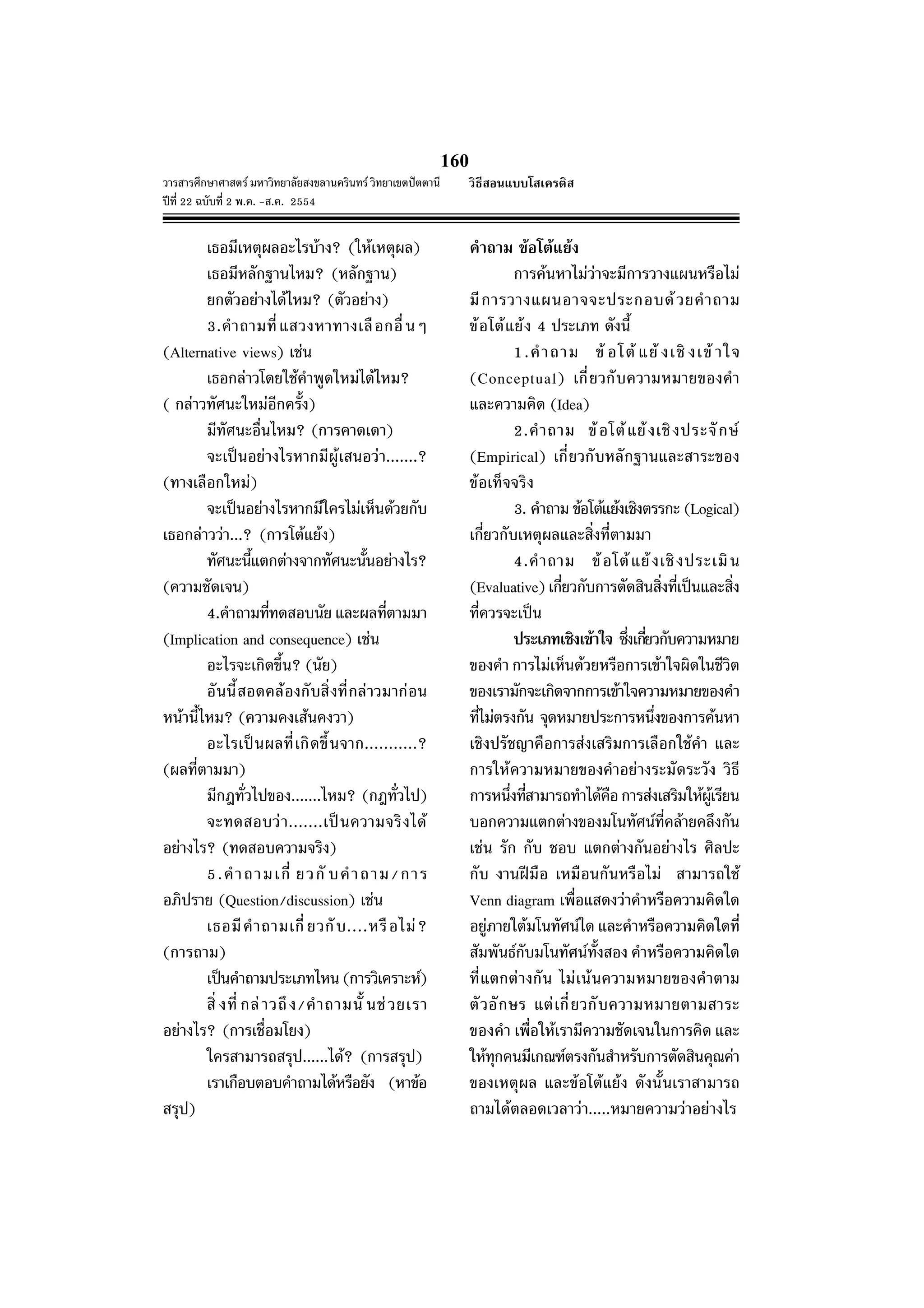 วารสารศึกษาศาสตร มหาวิทยาลัยสงขลานครินทร วิทยาเขตปตตานี
ปที่ 22 ฉบับที่ 2 พ.ค. -ส.ค. 2554
160
เธอมีเหตุผลอะไรบาง? (ใหเหตุผล)
เธอมีหลักฐานไหม? (หลักฐาน)
ยกตัวอยางไดไหม? (ตัวอยาง)
3.คําถามที่แสวงหาทางเลือกอื่นๆ
(Alternative views) เชน
เธอกลาวโดยใชคําพูดใหมไดไหม?
( กลาวทัศนะใหมอีกครั้ง)
มีทัศนะอื่นไหม? (การคาดเดา)
จะเปนอยางไรหากมีผูเสนอวา.......?
(ทางเลือกใหม)
จะเปนอยางไรหากมีใครไมเห็นดวยกับ
เธอกลาววา...? (การโตแยง)
ทัศนะนี้แตกตางจากทัศนะนั้นอยางไร?
(ความชัดเจน)
4.คําถามที่ทดสอบนัย และผลที่ตามมา
(Implication and consequence) เชน
อะไรจะเกิดขึ้น? (นัย)
อันนี้สอดคลองกับสิ่งที่กลาวมากอน
หนานี้ไหม? (ความคงเสนคงวา)
อะไรเปนผลที่เกิดขึ้นจาก...........?
(ผลที่ตามมา)
มีกฎทั่วไปของ.......ไหม? (กฎทั่วไป)
จะทดสอบวา.......เปนความจริงได
อยางไร? (ทดสอบความจริง)
5.คําถามเกี่ ยวกั บคําถาม/การ
อภิปราย (Question/discussion) เชน
เธอมีคําถามเกี่ ยวกับ....หรือไม?
(การถาม)
เปนคําถามประเภทไหน (การวิเคราะห)
สิ่ งที่ กลาวถึง/คําถามนั้ นชวยเรา
อยางไร? (การเชื่อมโยง)
ใครสามารถสรุป......ได? (การสรุป)
เราเกือบตอบคําถามไดหรือยัง (หาขอ
สรุป)
คําถาม ขอโตแยง
การคนหาไมวาจะมีการวางแผนหรือไม
มีการวางแผนอาจจะประกอบดวยคําถาม
ขอโตแยง 4 ประเภท ดังนี้
1.คําถาม ข อโต แย งเชิ งเข าใจ
(Conceptual) เกี่ยวกับความหมายของคํา
และความคิด (Idea)
2.คําถาม ขอโตแยงเชิงประจักษ
(Empirical) เกี่ยวกับหลักฐานและสาระของ
ขอเท็จจริง
3. คําถาม ขอโตแยงเชิงตรรกะ (Logical)
เกี่ยวกับเหตุผลและสิ่งที่ตามมา
4.คําถาม ขอโตแยงเชิงประเมิน
(Evaluative)เกี่ยวกับการตัดสินสิ่งที่เปนและสิ่ง
ที่ควรจะเปน
ประเภทเชิงเขาใจ ซึ่งเกี่ยวกับความหมาย
ของคํา การไมเห็นดวยหรือการเขาใจผิดในชีวิต
ของเรามักจะเกิดจากการเขาใจความหมายของคํา
ที่ไมตรงกัน จุดหมายประการหนึ่งของการคนหา
เชิงปรัชญาคือการสงเสริมการเลือกใชคํา และ
การใหความหมายของคําอยางระมัดระวัง วิธี
การหนึ่งที่สามารถทําไดคือการสงเสริมใหผูเรียน
บอกความแตกตางของมโนทัศนที่คลายคลึงกัน
เชน รัก กับ ชอบ แตกตางกันอยางไร ศิลปะ
กับ งานฝมือ เหมือนกันหรือไม สามารถใช
Venn diagram เพื่อแสดงวาคําหรือความคิดใด
อยูภายใตมโนทัศนใด และคําหรือความคิดใดที่
สัมพันธกับมโนทัศนทั้งสอง คําหรือความคิดใด
ที่แตกตางกัน ไมเนนความหมายของคําตาม
ตัวอักษร แตเกี่ยวกับความหมายตามสาระ
ของคํา เพื่อใหเรามีความชัดเจนในการคิด และ
ใหทุกคนมีเกณฑตรงกันสําหรับการตัดสินคุณคา
ของเหตุผล และขอโตแยง ดังนั้นเราสามารถ
ถามไดตลอดเวลาวา.....หมายความวาอยางไร
วิธีสอนแบบโสเครติส
 