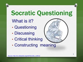 Socratic Questioning
What is it?
• Questioning
• Discussing
• Critical thinking
• Constructing meaning
3
Source: http://en.wikipedia.org/wiki/Socratic_method
 