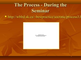 The Process - During the
               Seminar
   http://wblrd.sk.ca/~bestpractice/socratic/process3.h



                                 QuickTime™ and a
                       TIFF (Uncompressed) decompressor
                          are needed to see this picture.
 