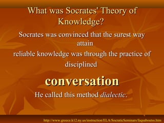 What was Socrates' Theory of
           Knowledge?
  Socrates was convinced that the surest way
                     attain
reliable knowledge was through the practice of
                 disciplined

          conversation
       He called this method dialectic.


          http://www.greece.k12.ny.us/instruction/ELA/SocraticSeminars/faqsaboutss.htm
 
