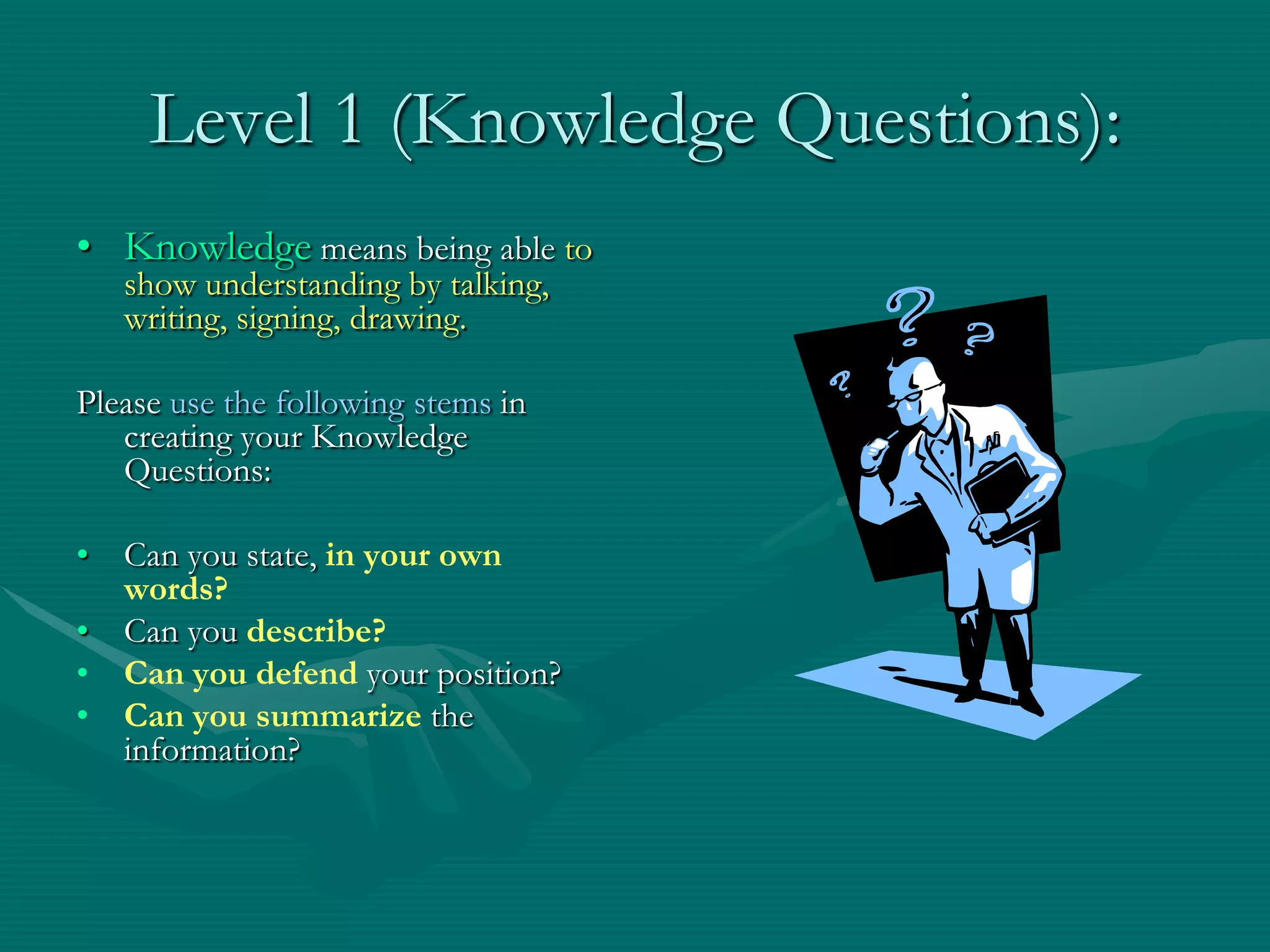 Level 1 (Knowledge Questions):Knowledge means being able to show understanding by talking, writing, signing, drawing.Please use the following stems in creating your Knowledge Questions:Can you state, in your own words?Can you describe?Can you defend your position?Can you summarize the information?