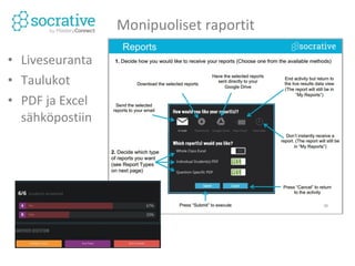 Kyselyn laatiminen ja 
muokkaaminen 
”Add Tag” ei ole yleinen asiasanalista, 
vaan linkitetty amerikkalaiseen 
opetussuunnitelmaan. Ei siis tarvitse 
käyttää. 
Tarkemmat ohjeet suomeksi: http://tinyurl.com/socrativeohje 
http://www.socrative.com/materials/SocrativeUserGuide.pdf 
 