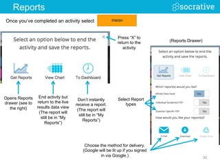 30
Reports
Press “X” to
return to the
activity
Don’t instantly
receive a report.
(The report will
still be in “My
Reports”)
Once you’ve completed an activity select
End activity but
return to the live
results data view
(The report will
still be in “My
Reports”)
Opens Reports
drawer (see to
the right)
Choose the method for delivery.
(Google will be lit up if you signed
in via Google.)
X
Select Report
types
(Reports Drawer)
 