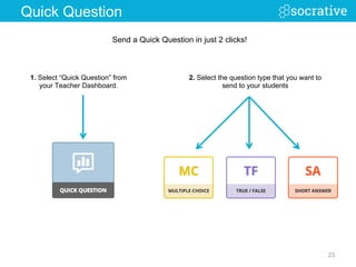 Student View
Select your Answer Choice
then select “Submit Answer”
Teacher View
Live Results
24	
  
Quick Question – Multi...