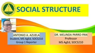 ANTONIO A. AZUELA
Student, MS AgEd, SOCS210
Group 1 Reporter
SOCIAL STRUCTURE
DR. MELINDA PARRO-PAN
Professor
MS AgEd, SOCS210
 