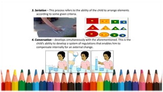 3. Seriation – This process refers to the ability of the child to arrange elements
according to some given criteria.
4. Conversation – develops simultaneously with the aforementioned. This is the
child’s ability to develop a system of regulations that enables him to
compensate internally for an external change.
 