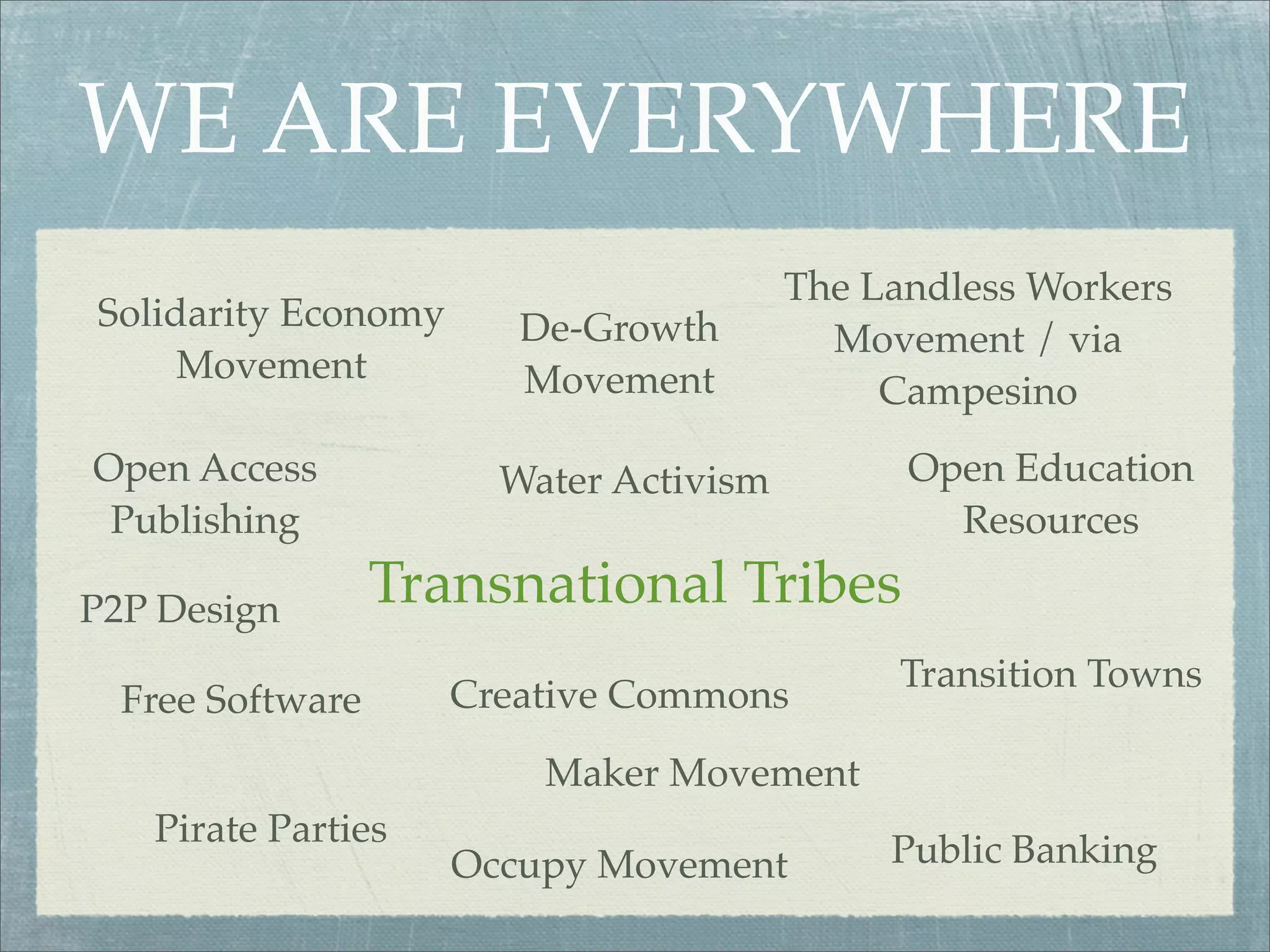 WE ARE EVERYWHERE
                                        The Landless Workers
Solidarity Economy      De-Growth         Movement / via
     Movement           Movement             Campesino
Open Access            Water Activism         Open Education
 Publishing                                     Resources

P2P Design        Transnational Tribes
                                             Transition Towns
  Free Software      Creative Commons
                         Maker Movement
   Pirate Parties
                     Occupy Movement         Public Banking
 