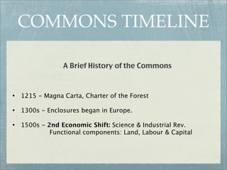 COMMONS TIMELINE

                A Brief History of the Commons



• 1215 - Magna Carta, Charter of the Forest
• 1300s - Enclosures began in Europe.
• 1500s - 2nd Economic Shift: Science & Industrial Rev.
           Functional components: Land, Labour & Capital
 