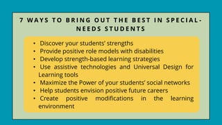 • Discover your students’ strengths
• Provide positive role models with disabilities
• Develop strength-based learning strategies
• Use assistive technologies and Universal Design for
Learning tools
• Maximize the Power of your students’ social networks
• Help students envision positive future careers
• Create positive modifications in the learning
environment
7 W A Y S T O B R I N G O U T T H E B E S T I N S P E C I A L -
N E E D S S T U D E N T S
 