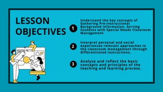 Understand the key concepts of
Gathering Pre-Instructional
Background Information, Serving
Students with Special Needs Classroom
Management.
1
2
3
LESSON
OBJECTIVES
Interpret personal and social
experiences relevant approaches in
the classroom management through
differentiated instructions.
Analyze and reflect the basic
concepts and principles of the
teaching and learning process.
 