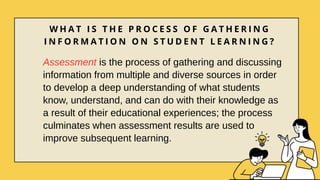 W H A T I S T H E P R O C E S S O F G A T H E R I N G
I N F O R M A T I O N O N S T U D E N T L E A R N I N G ?
Assessment is the process of gathering and discussing
information from multiple and diverse sources in order
to develop a deep understanding of what students
know, understand, and can do with their knowledge as
a result of their educational experiences; the process
culminates when assessment results are used to
improve subsequent learning.
 