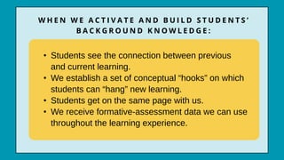 • Students see the connection between previous
and current learning.
• We establish a set of conceptual “hooks” on which
students can “hang” new learning.
• Students get on the same page with us.
• We receive formative-assessment data we can use
throughout the learning experience.
W H E N W E A C T I V A T E A N D B U I L D S T U D E N T S ’
B A C K G R O U N D K N O W L E D G E :
 