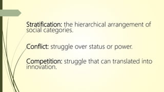 Stratification: the hierarchical arrangement of
social categories.
Conflict: struggle over status or power.
Competition: struggle that can translated into
innovation.
 