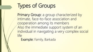 Types of Groups
Primary Group: a group characterized by
intimate, face-to-face association and
cooperation among its members
Also the immediate support system of an
individual in navigating a very complex social
life
Example: Family, Barkada
 