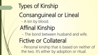Types of Kinship
- A kin by blood.
Consanguineal or Lineal
- The bond between husband and wife.
Affinal Kinship
- Personal kinship that is based on neither of
the two. It’s either by adoption or ritual.
Fictive or Collateral
 