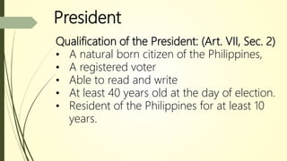 President
Qualification of the President: (Art. VII, Sec. 2)
• A natural born citizen of the Philippines,
• A registered voter
• Able to read and write
• At least 40 years old at the day of election.
• Resident of the Philippines for at least 10
years.
 