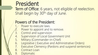 President
Term of Office: 6 years, not eligible of reelection.
Shall begin by 30th day of June.
Powers of the President:
1. Power to execute laws.
2. Power to appoint and to remove.
3. Control and supervision
4. Supervision of Local Government Unit
5. Military (Commander-in-Chief)
6. Legislative ( Executive and Administrative Orders)
7. Executive Clemency (Pardons and suspend sentences)
8. Contract Loan
9. Diplomatic
 