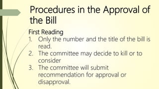 Procedures in the Approval of
the Bill
First Reading
1. Only the number and the title of the bill is
read.
2. The committee may decide to kill or to
consider
3. The committee will submit
recommendation for approval or
disapproval.
 