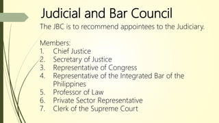 Judicial and Bar Council
The JBC is to recommend appointees to the Judiciary.
Members:
1. Chief Justice
2. Secretary of Justice
3. Representative of Congress
4. Representative of the Integrated Bar of the
Philippines
5. Professor of Law
6. Private Sector Representative
7. Clerk of the Supreme Court
 