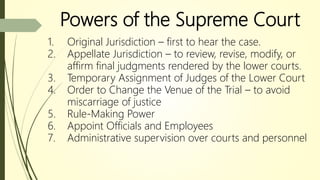 Powers of the Supreme Court
1. Original Jurisdiction – first to hear the case.
2. Appellate Jurisdiction – to review, revise, modify, or
affirm final judgments rendered by the lower courts.
3. Temporary Assignment of Judges of the Lower Court
4. Order to Change the Venue of the Trial – to avoid
miscarriage of justice
5. Rule-Making Power
6. Appoint Officials and Employees
7. Administrative supervision over courts and personnel
 
