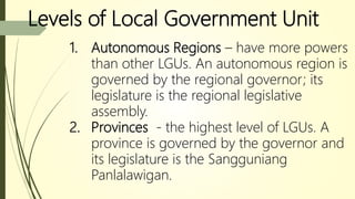 Levels of Local Government Unit
1. Autonomous Regions – have more powers
than other LGUs. An autonomous region is
governed by the regional governor; its
legislature is the regional legislative
assembly.
2. Provinces - the highest level of LGUs. A
province is governed by the governor and
its legislature is the Sangguniang
Panlalawigan.
 