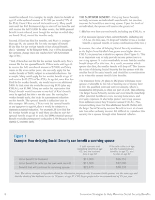 6	 Innovative Strategies to Help Maximize Social Security Benefits
would be reduced. For example, he might claim his benefit at
age 62 at the reduced amount of $1,500 per month (75% of
his PIA). Even if Ken started his benefits early, Mary could
wait until her Full Retirement Age to start all her benefits and
still receive the full $1,000. In other words, the $400 spousal
benefit is not reduced, even though the worker on which they
are based (Ken), started his benefits early.
Second, if Ken has filed for benefits, and Mary is younger
than age 66, she cannot file for only one type of benefit.
If she files for her worker benefit or her spousal benefit,
she is “deemed” to be filing for both. (As will be discussed,
her options change once she reaches her Full Retirement
Age of 66.)
Third, if Ken does not file for his worker benefit early, Mary
cannot file for her spousal benefit. If Ken waits until age 66
to receive his full, unreduced amount of $2,000, and Mary
wants to file at an earlier point, she can only apply for her
worker benefit of $600, subject to actuarial reductions. For
example, Mary could apply for her worker benefit at age 62
and receive $450 (75% of her PIA). At age 66, once Ken has
filed for his worker benefit, she would receive an additional
$400. At that point she would be receiving $850 (plus any
COLAs), not $1,000. Many are under the impression that
Mary’s benefit would increase to one-half of Ken’s benefit
once he applied, but this is not the case. By starting her
worker benefit early, she locks in a permanent reduction
on this benefit. The spousal benefit is added on later in
this example. Of course, if Mary took the spousal benefit
at any age prior to age 66, then it would be subject to a
separate actuarial reduction. For example, if Ken filed for
his worker benefit at age 65 and Mary decided to start her
spousal benefit at age 65 as well, the $400 potential spousal
benefit would be permanently reduced to $366 because Mary
started 12 months early.
THE SURVIVOR BENEFIT – Delaying Social Security
not only increases an individual’s own benefit, but can also
increase the benefit to a surviving spouse. Upon the death of
an individual, the spouse will receive the greater of:
1) His/her own then-current benefit, including any COLAs; or
2) The deceased spouse’s then-current benefit, including any
COLAs. (In this case, #1 drops off whether it was a worker
benefit, a spousal benefit, or some combination of the two.)
In essence, the value of delaying Social Security continues,
as the higher benefit (which has grown even higher due to
COLAs) is passed on at death to a spouse (See Figure 1). This
is an important way to help provide income protection to a
surviving spouse. It is also worthwhile to note that the smaller
benefit drops off at this time. As a result, no matter which
spouse dies first, the smaller benefit will drop off. This lessens
the value of delaying Social Security for the spouse with the
smaller Social Security benefit, and should be a consideration
as to when this spouse should claim benefits.
The transition from DB plans to DC plans will make more
spouses vulnerable to the risk of running out of money later
in life; the qualified joint and survivor annuity, which is
mandated in DB plans, is often not part of a DC plan offering.
The larger Social Security income survivor benefit could help
offset potential healthcare costs, nursing home costs, and
everyday expenses. It also helps protect surviving spouses
from inflation (since they’ll receive annual COLAs). Plus,
it costs nothing more for this additional benefit. Better still,
the larger Social Security survivor benefit is taxed at a lower
rate than other ordinary income. It’s difficult to reproduce this
security for a spouse through other financial vehicles.
Note: The above example is hypothetical and for illustrative purposes only. It assumes both spouses are the same age and
that the death of the husband occurs in 20 years, at age 82. COLAs are projected at an assumed rate of 3% per year.
Initial benefit for husband 	 $12,000 	 $26,751
Initial benefit for wife (on her own work record) 	 $12,000 	 $12,000
Benefit that will continue for surviving spouse 	 $21,673 	 $38,133
Figure 1
Example: How delaying Social Security can benefit a surviving spouse
If both spouses start
collecting benefits at age
62, and the husband
dies at age 82
If the wife collects at age
62, the husband delays
benefits to age 70, and
he dies at age 82
 