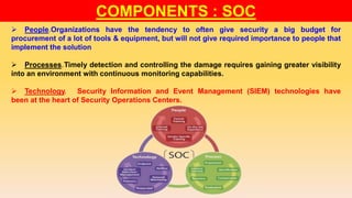 COMPONENTS : SOC
 People.Organizations have the tendency to often give security a big budget for
procurement of a lot of tools & equipment, but will not give required importance to people that
implement the solution
 Processes.Timely detection and controlling the damage requires gaining greater visibility
into an environment with continuous monitoring capabilities.
 Technology. Security Information and Event Management (SIEM) technologies have
been at the heart of Security Operations Centers.
 